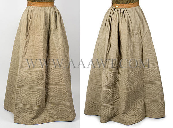 Antique Petticoat, Quilted, Olive Color, Wool, front and back views